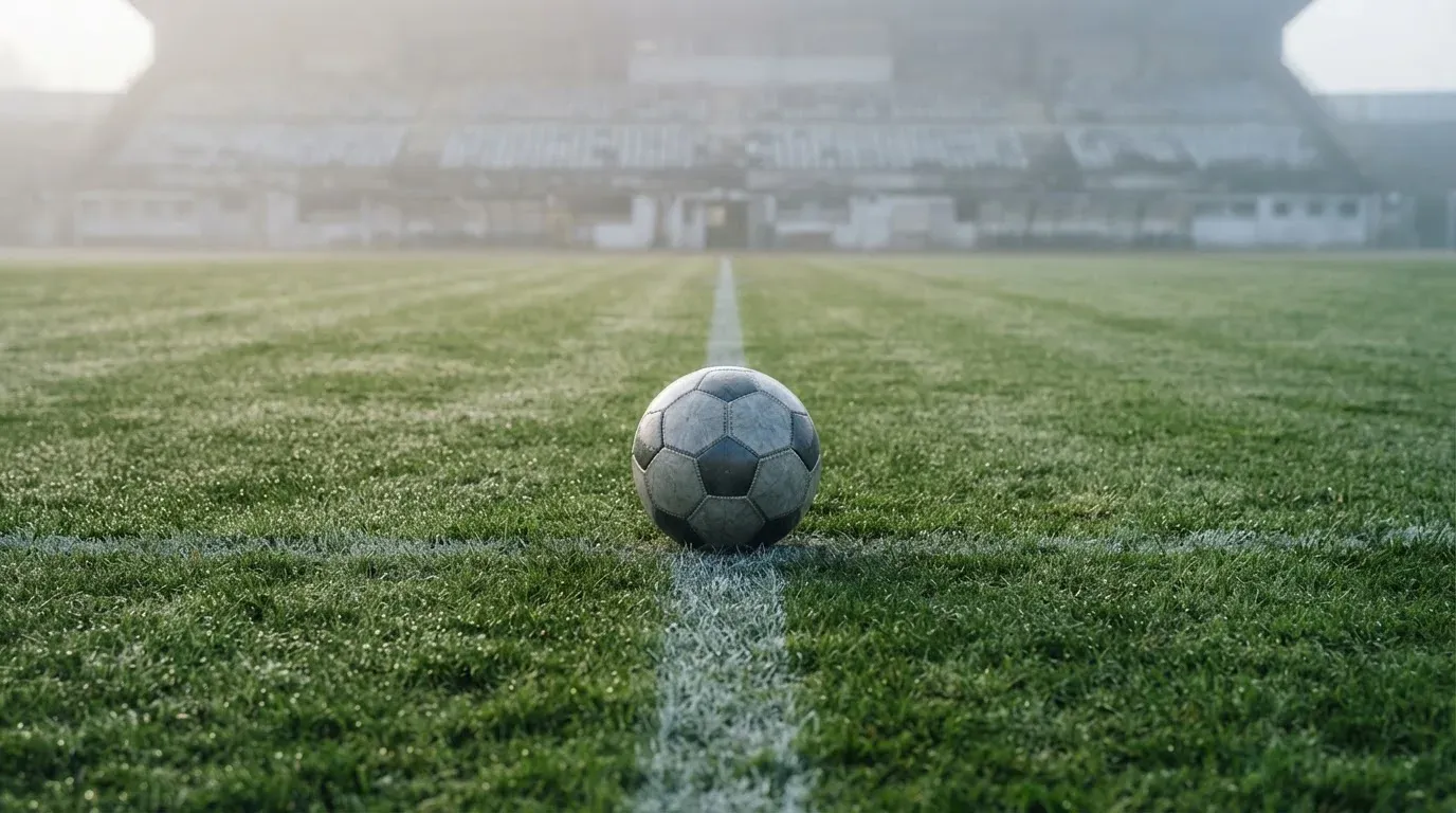 Ein einzelner Fussball liegt auf dem Anstosspunkt eines leeren Rasenplatzes am frühen Morgen, Tau glitzert auf dem Gras, die Tribüne liegt im Dunst.