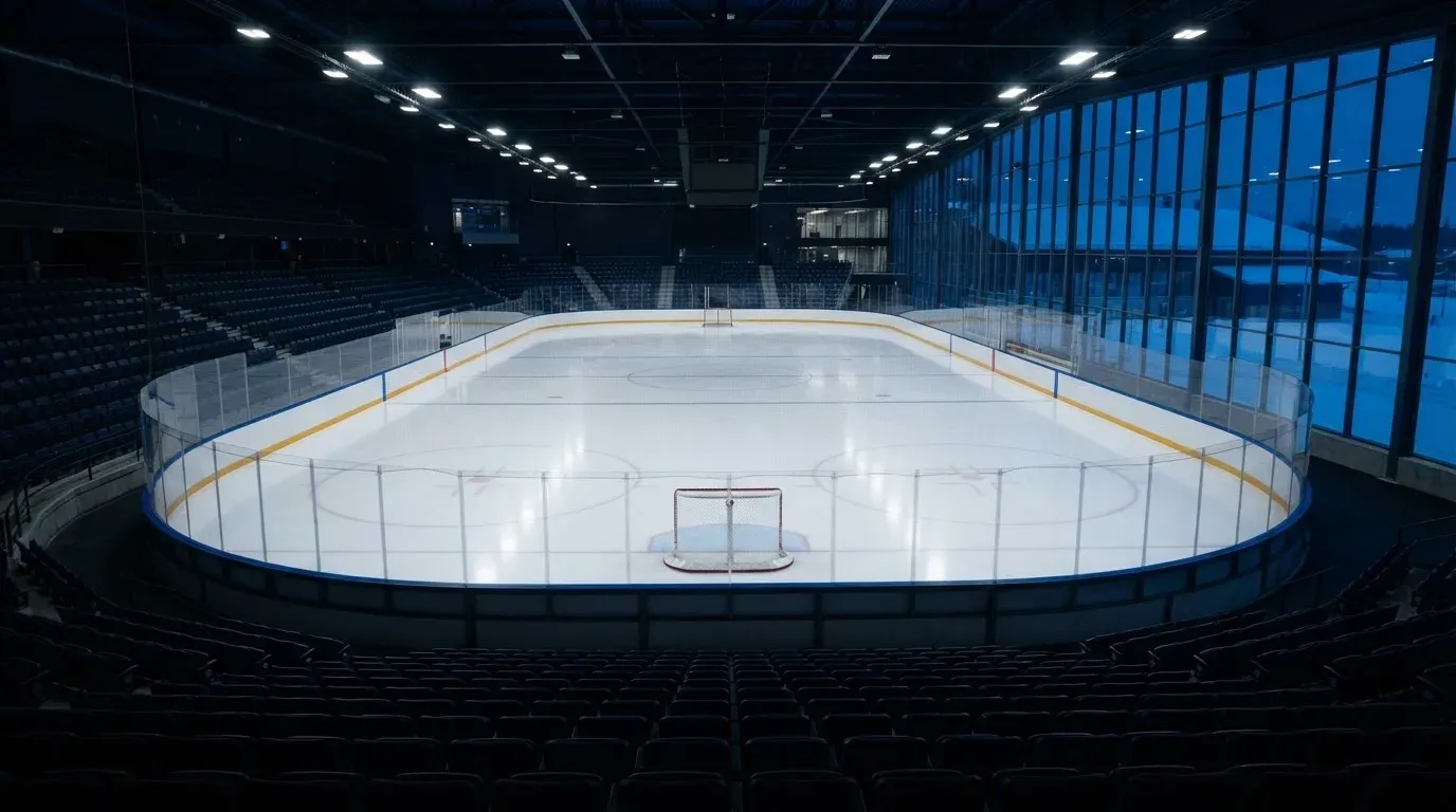 Eine Eishalle von Weitem unter Flutlicht, die leere Eisfläche glänzt, auf den Rängen sitzt niemand, draussen liegt Schnee.