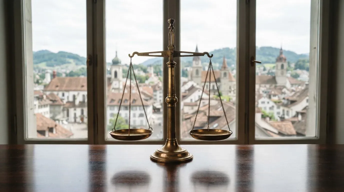 Eine Waage aus Messing steht auf einem polierten Schreibtisch vor einem Fenster mit Blick auf Dächer und sanfte Hügel.
