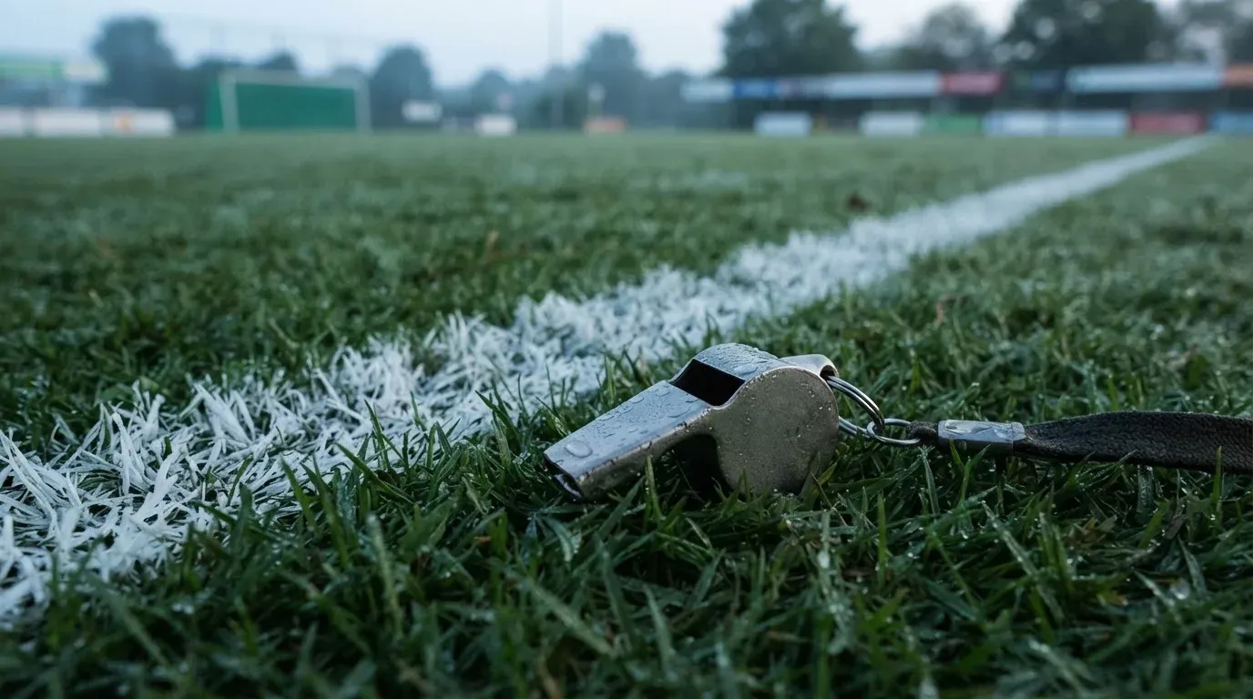 Eine Trillerpfeife liegt auf dem Rasen neben der Mittellinie, Tau hängt an den Halmen, im Hintergrund ein leerer Spielfeldrand.