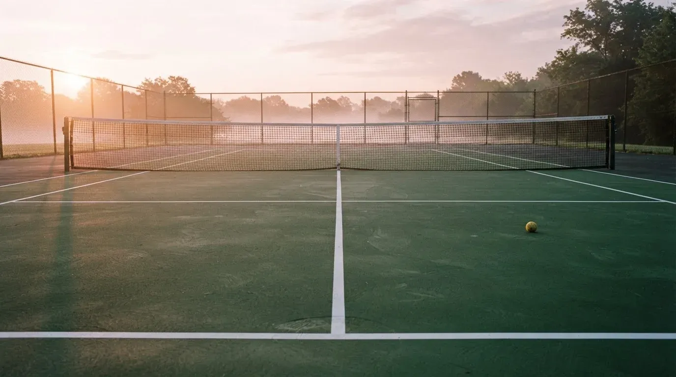 Ein Tennisplatz bei Sonnenaufgang, die Linien frisch gezogen, das Netz in der Mitte und Nebel über dem Boden.