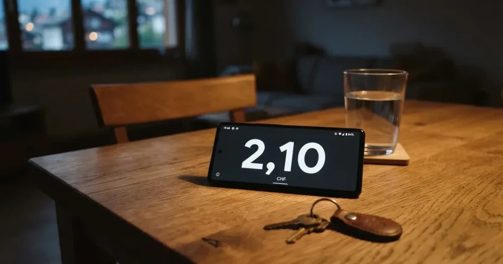 Ein Smartphone mit schwarzem Display liegt auf einem Holztisch neben einem Glas Wasser und einem Schlüsselbund.