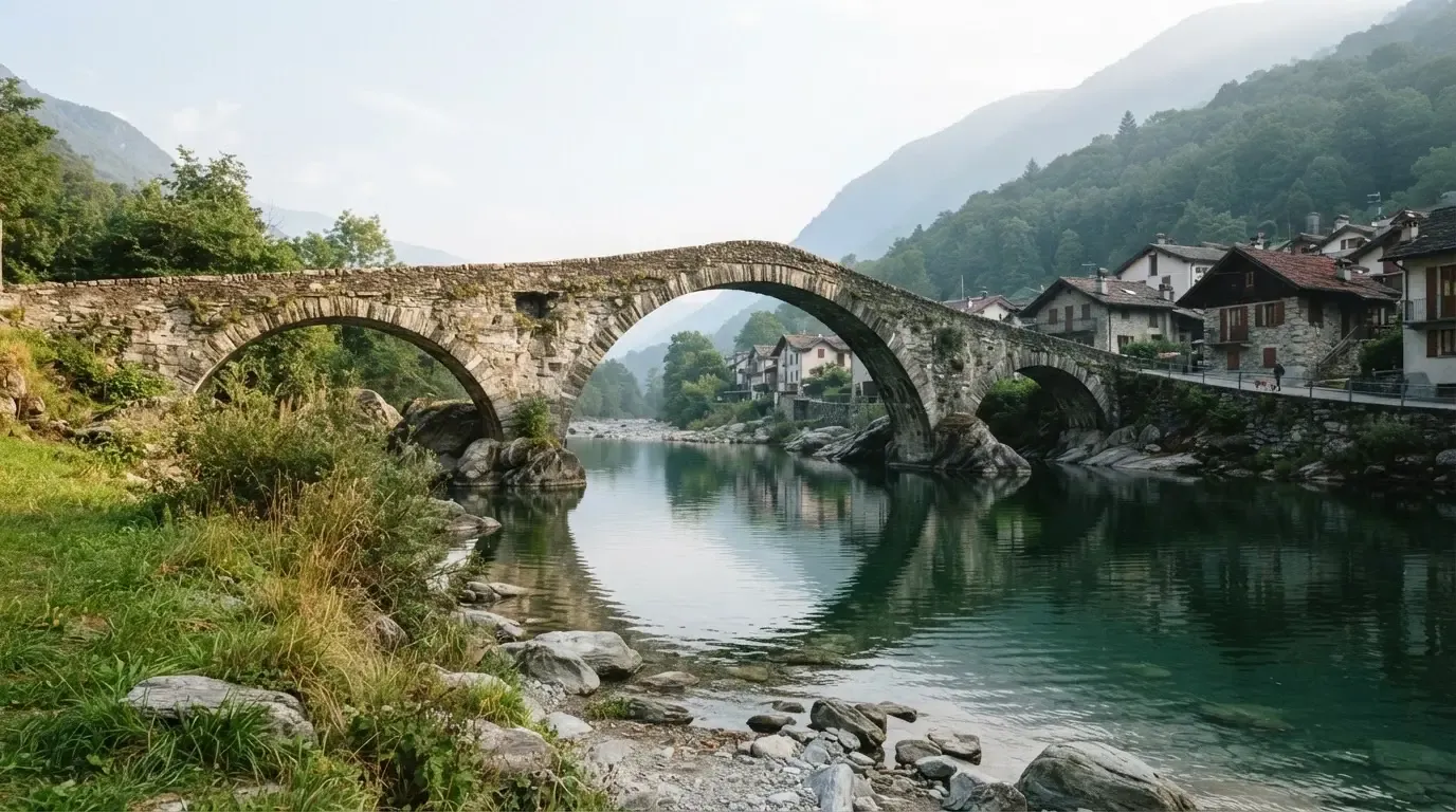 Eine alte Steinbrücke über einen ruhigen Fluss, dahinter Häuser mit Ziegeldächern und bewaldete Hügel.