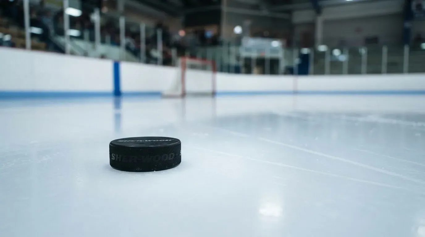 Ein Eishockeypuck liegt auf dem Eis, im Hintergrund unscharf die Bande unter hellem Hallenlicht.