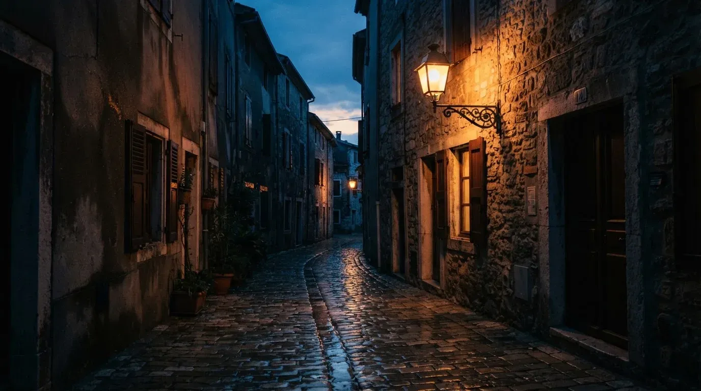 Eine Strassenlaterne in einer leeren Gasse am Abend, das nasse Kopfsteinpflaster spiegelt das warme Licht.