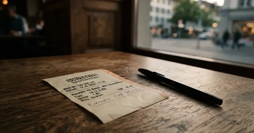 Ein leerer Wettschein aus Papier liegt neben einem Kugelschreiber auf einem Holztisch, weiches Licht fällt von der Seite.