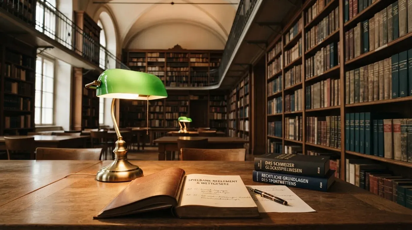Eine Bibliothek mit hohen Holzregalen voller Bücher, im Vordergrund ein Lesetisch mit grüner Lampe.