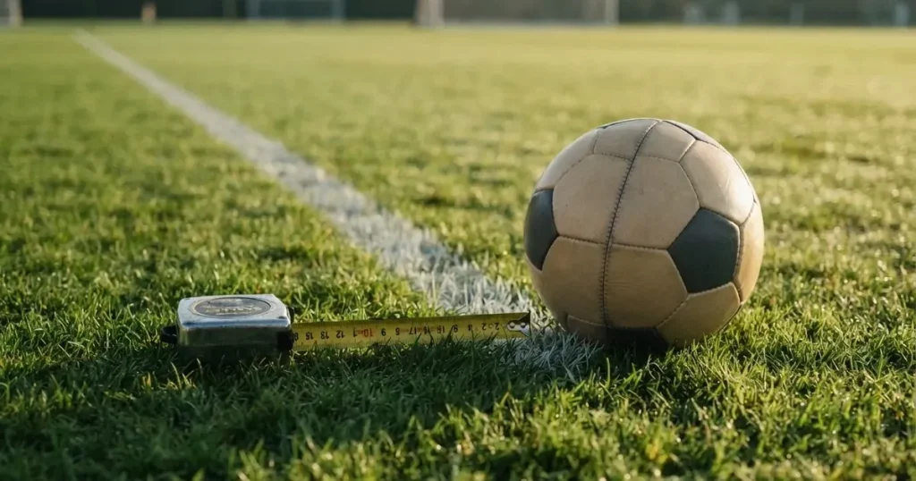 Ein Fussball und ein Massband liegen auf kurz geschnittenem Rasen neben einer Kreidelinie, Morgenlicht von der Seite.