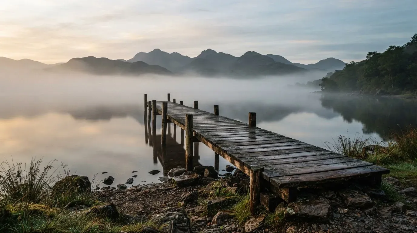 Ein Seeufer mit einem hölzernen Steg, Nebel liegt über dem Wasser, am anderen Ufer erheben sich Berge.