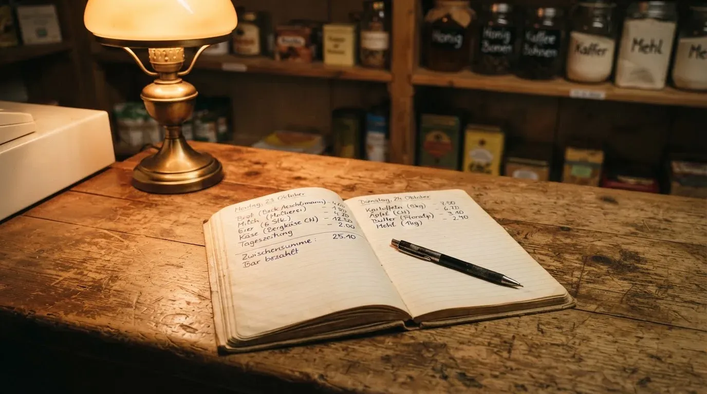 Ein alter Holztresen mit einem Notizbuch und einem Taschenrechner in warmem Lampenlicht, Regale im Hintergrund.