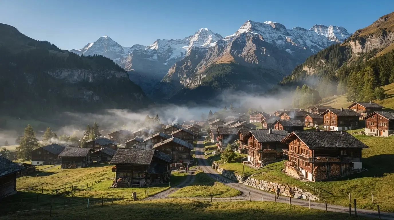 Ein Bergdorf mit Holzhäusern im Tal an einem klaren Morgen, über den Dächern liegen Nebelschwaden und Gipfel im Hintergrund.