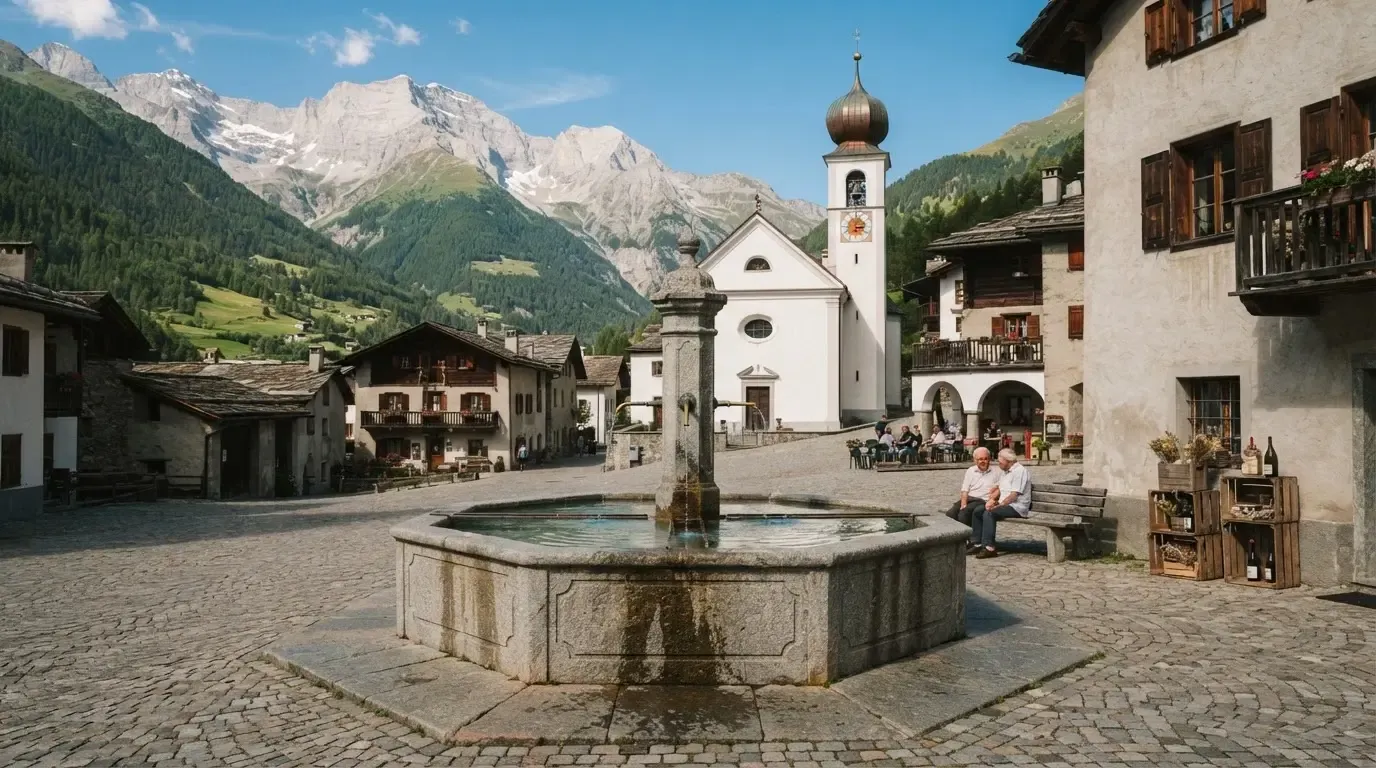 Ein Brunnen auf einem Dorfplatz mit Kopfsteinpflaster, im Hintergrund eine Kirche mit Zwiebelturm und Berge.