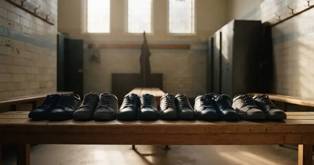 Eine Reihe Sportschuhe steht auf einer Bank in einer Umkleide, Licht fällt aus einem hohen Fenster.