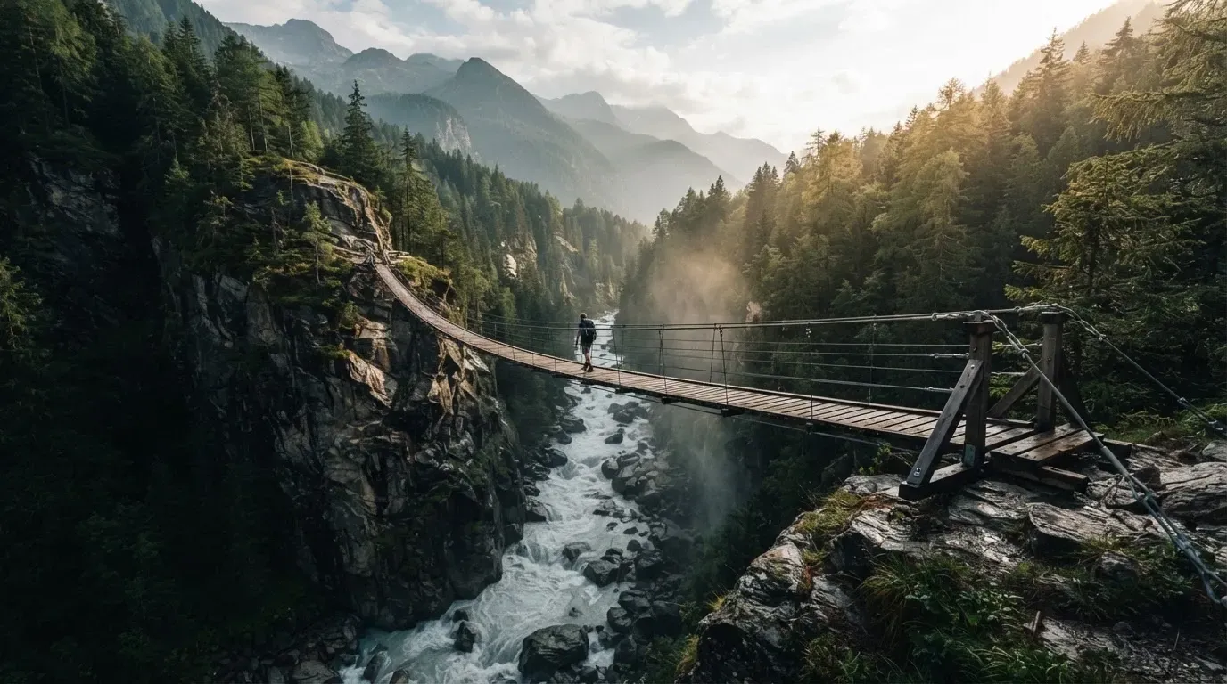 Eine Hängebrücke spannt sich über eine tiefe Schlucht, unten rauscht ein Fluss zwischen bewaldeten Felswänden.