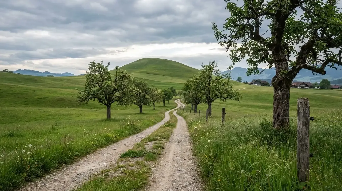 Ein Feldweg führt zwischen Wiesen zu einem Hügel, der Himmel ist bewölkt, am Wegrand stehen Obstbäume.