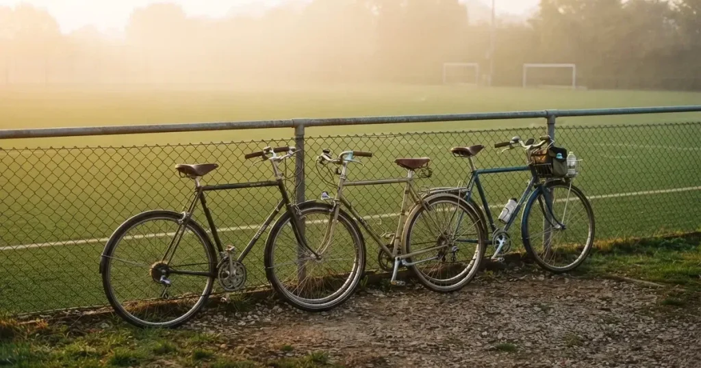 Drei Fahrräder lehnen nebeneinander an einem Zaun vor einem Sportplatz, dahinter ein grüner Rasen im Dunst.