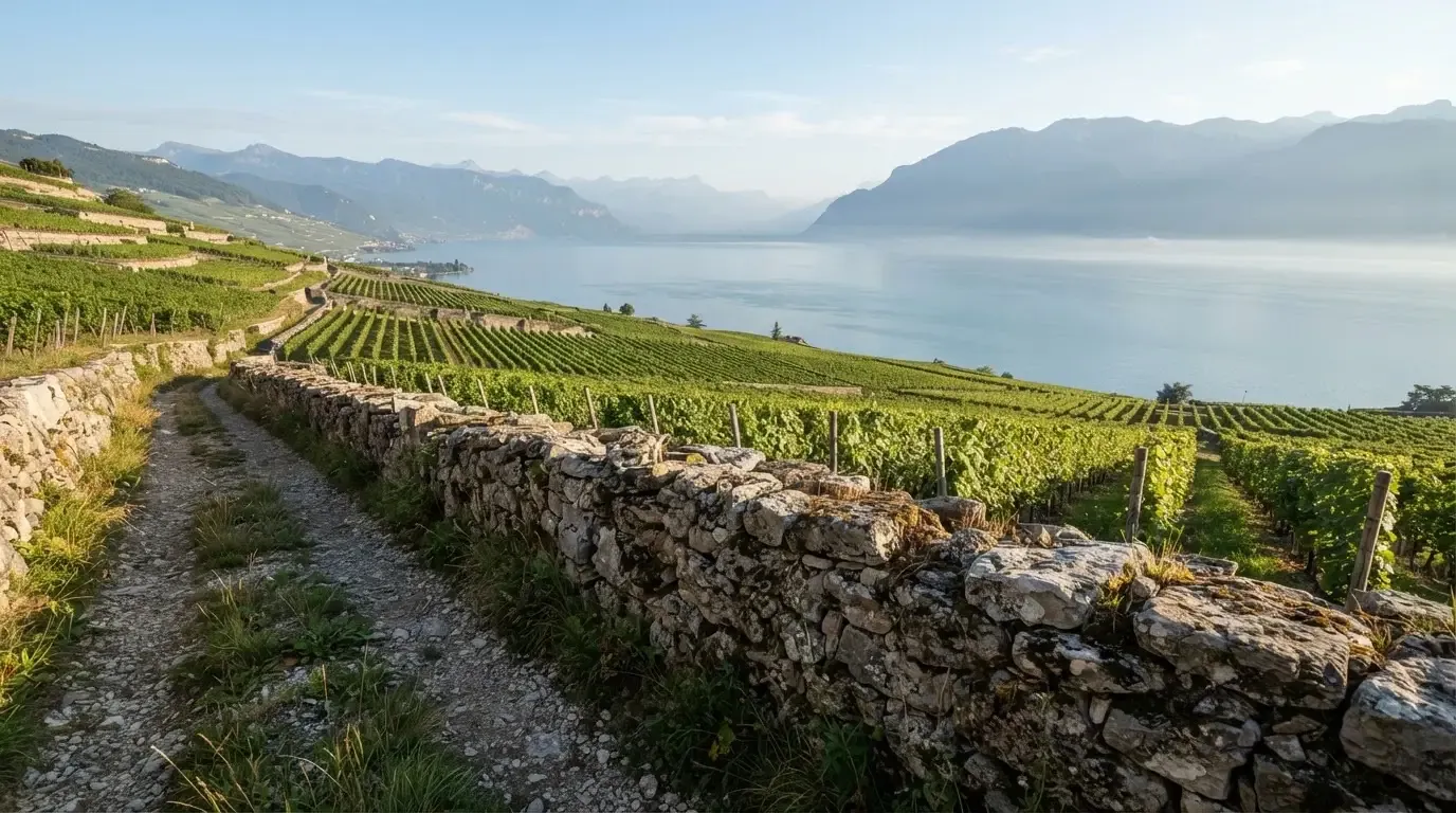 Eine Mauer aus Natursteinen am Wegrand, dahinter Weinberge, die zu einem See hinabführen.