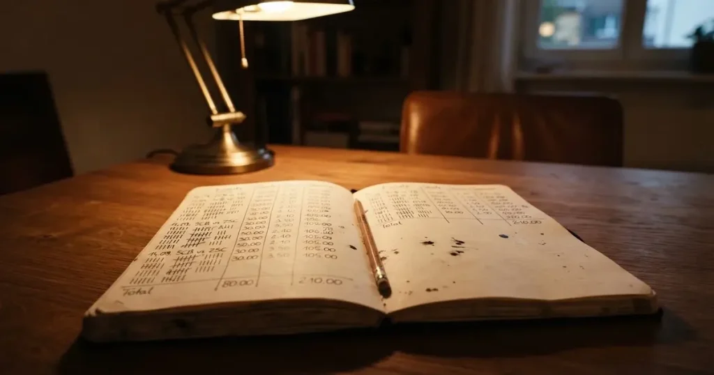 Ein aufgeschlagenes Notizbuch mit handschriftlichen Strichlisten und Spalten liegt neben einem Bleistift auf einem Holztisch im warmen Licht einer Schreibtischlampe.