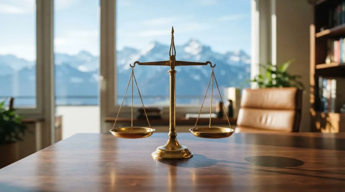 Eine Waage aus Messing steht auf einem polierten Schreibtisch in einem hellen Büro, durch das Fenster sind ferne Berge zu sehen.