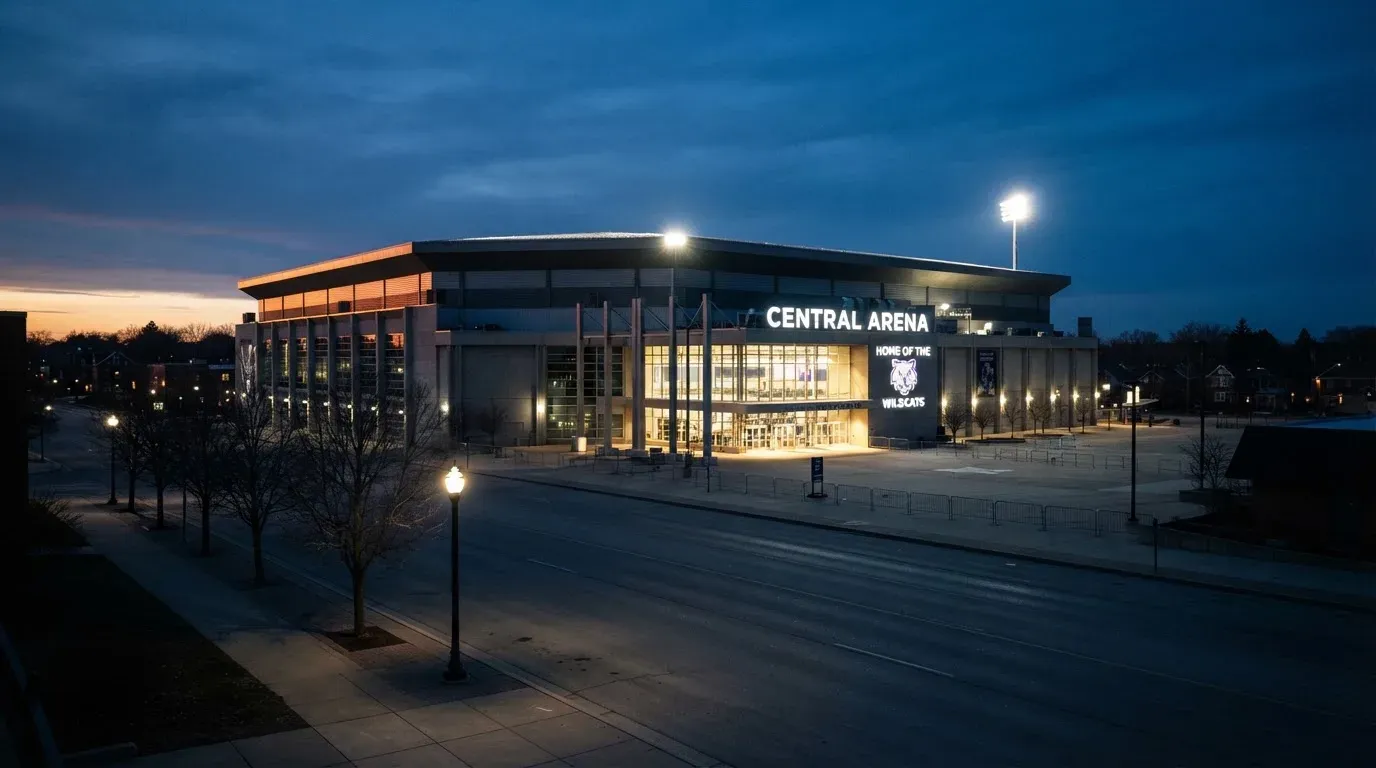 Ein grosses Eisstadion aus der Ferne gesehen, hell erleuchtet von Flutlicht in der Abenddämmerung, davor eine leere Strasse.