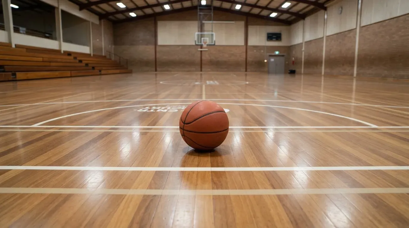Ein Basketball liegt auf dem Parkett einer leeren Halle, von den Deckenlampen fällt gleichmässiges Licht auf den Boden.
