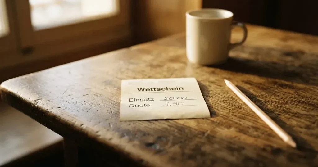 Ein leerer Wettschein aus Papier liegt auf einem Holztisch neben einem Bleistift und einem Kaffeebecher.