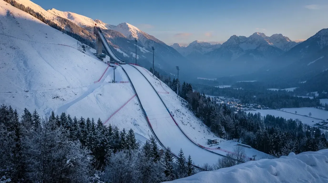 Eine Skisprungschanze erhebt sich vor verschneiten Bergen im Morgenlicht, die Hänge sind unberührt und ruhig.