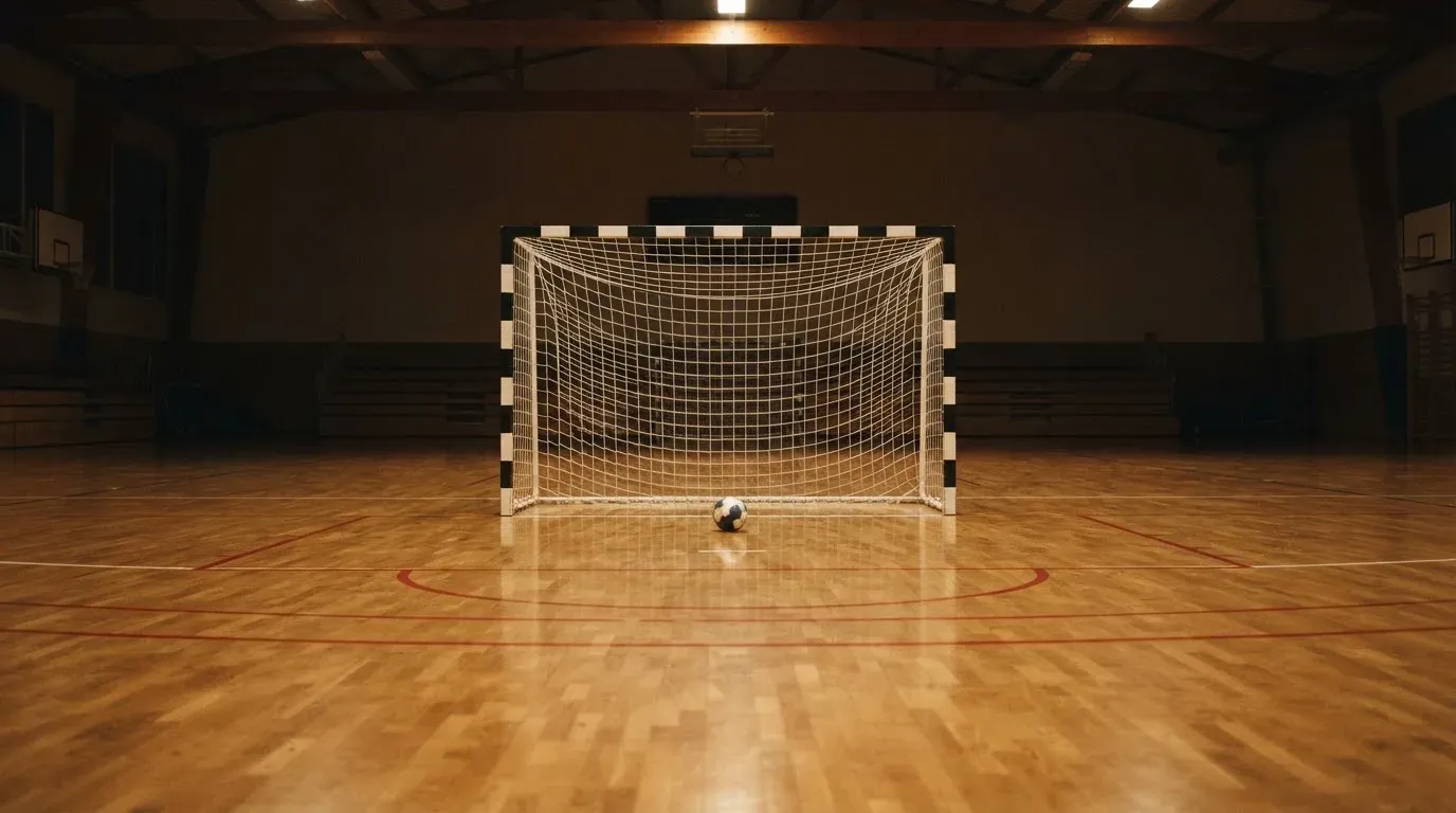 Ein Handballtor in einer leeren Sporthalle, der Ball liegt im Torraum und das Hallenlicht spiegelt sich im Parkett.