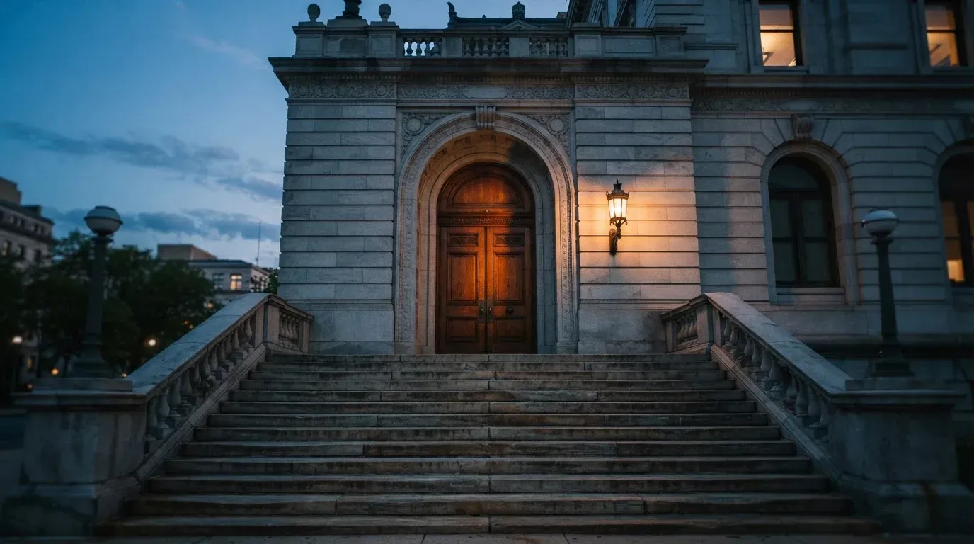 Eine breite Steintreppe führt zu einem hohen Portal aus dunklem Holz, das Licht der Dämmerung liegt auf den Stufen.