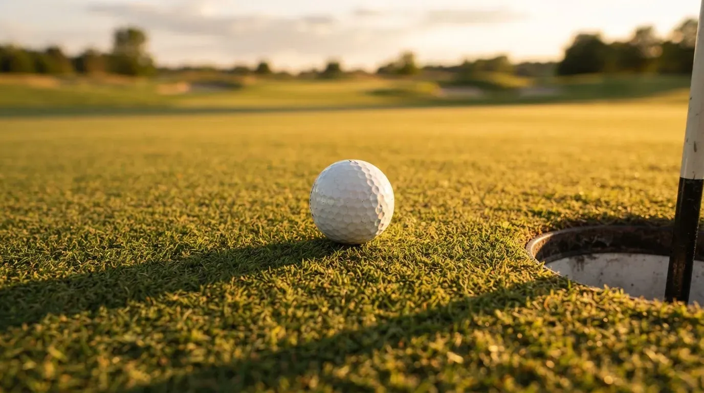 Ein Golfball liegt auf einem gepflegten Grün nahe am Loch, im goldenen Licht der Abendsonne.