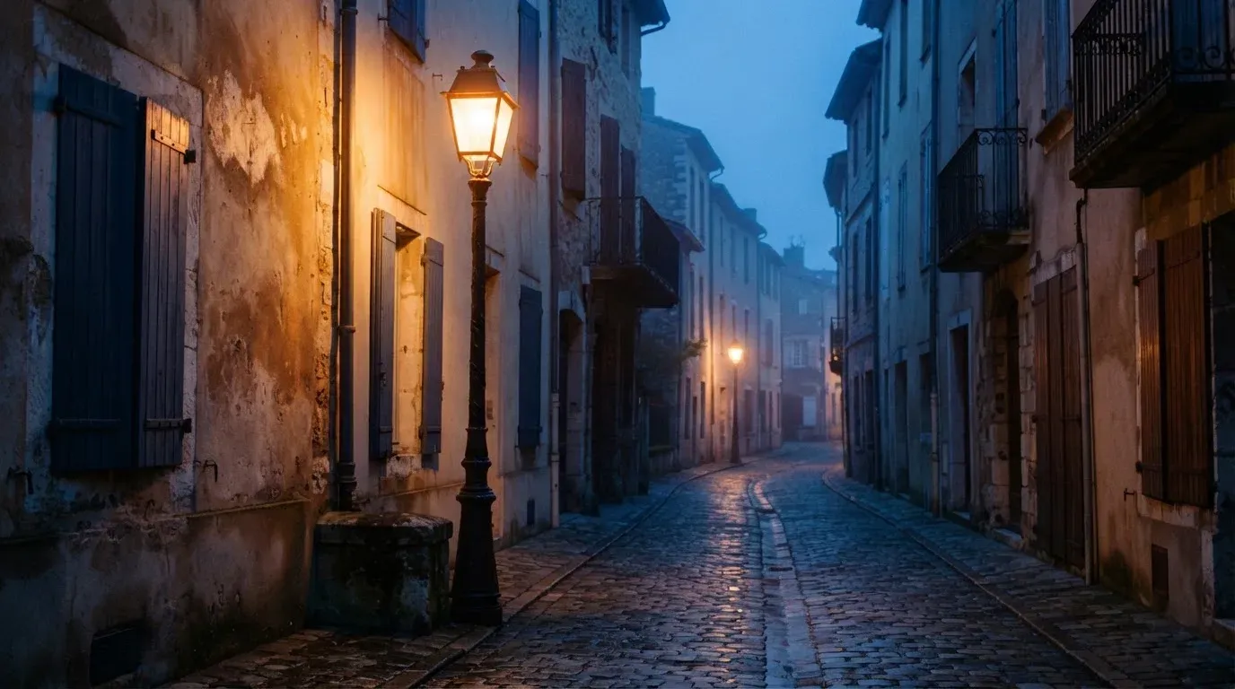 Eine gusseiserne Strassenlaterne in einer ruhigen Altstadtgasse am Abend, das Kopfsteinpflaster glänzt feucht.