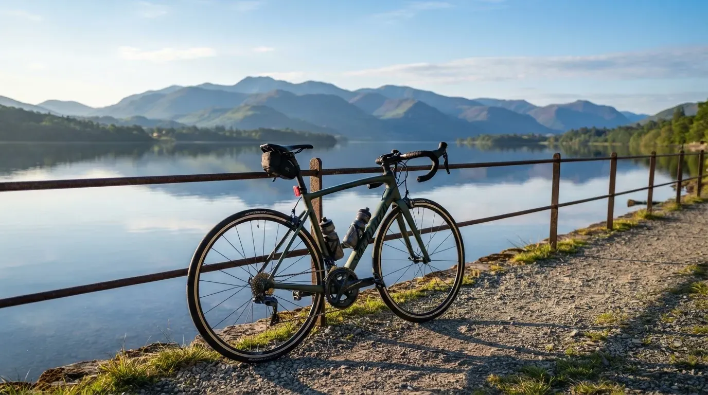 Ein Rennrad lehnt an einem Geländer am Seeufer, dahinter liegt ruhiges Wasser vor einer Bergkette.