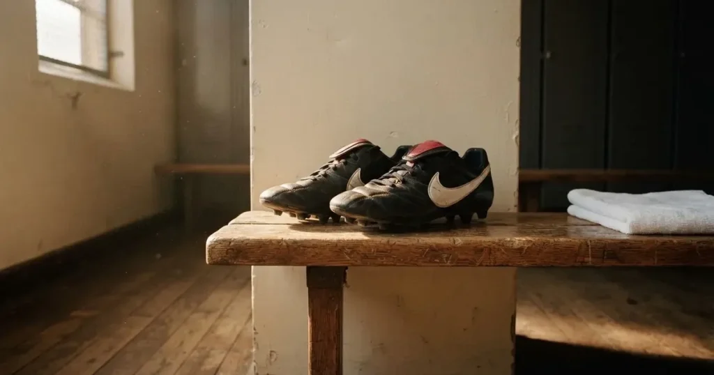 Ein Paar Fussballschuhe steht auf einer Holzbank in einer leeren Umkleide, Morgenlicht fällt durch ein kleines Fenster.