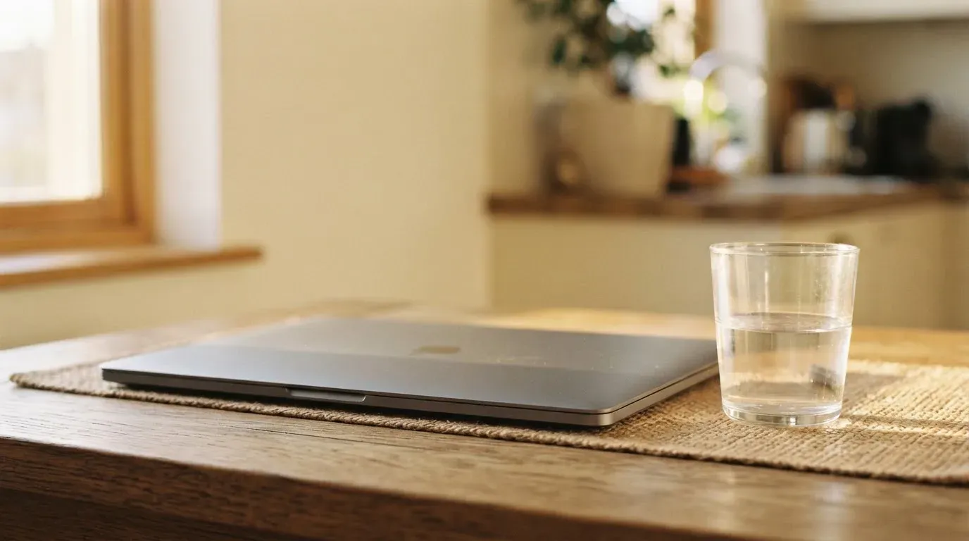 Ein geschlossener Laptop steht neben einem Glas Wasser auf einem Küchentisch im Licht des frühen Morgens.
