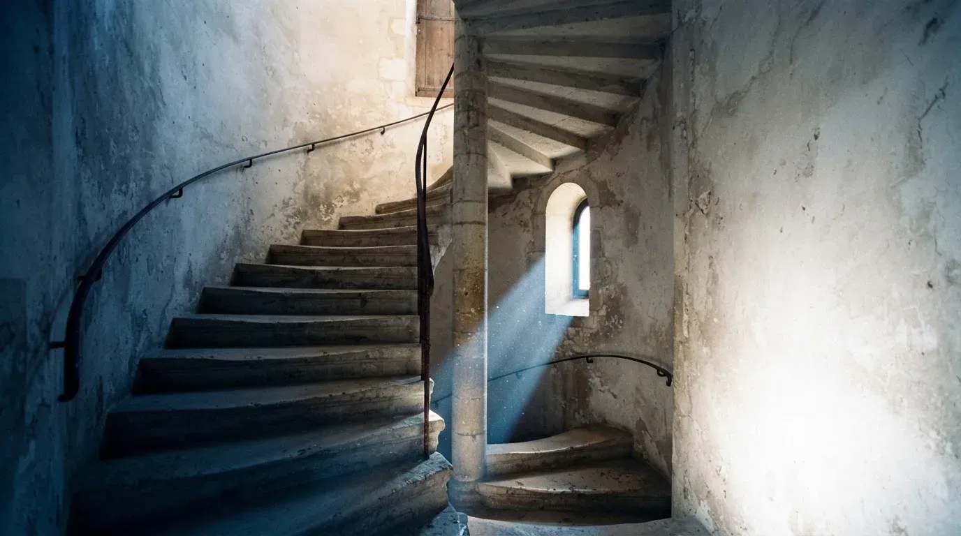 Eine Wendeltreppe aus Stein in einem alten Gebäude, Licht fällt durch ein schmales Fenster auf die Stufen.