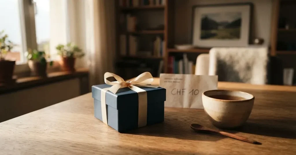 Eine kleine Geschenkschachtel mit Band steht auf einem Holztisch neben einer Tasse Tee im Licht eines Fensters.