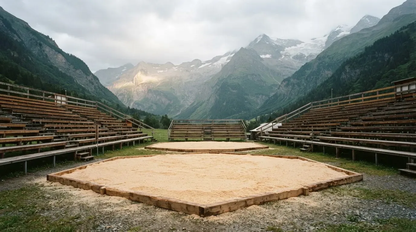 Ein Sägemehlring zwischen Tribünen aus Holz vor Alpenkulisse, ruhig und menschenleer unter bewölktem Himmel.