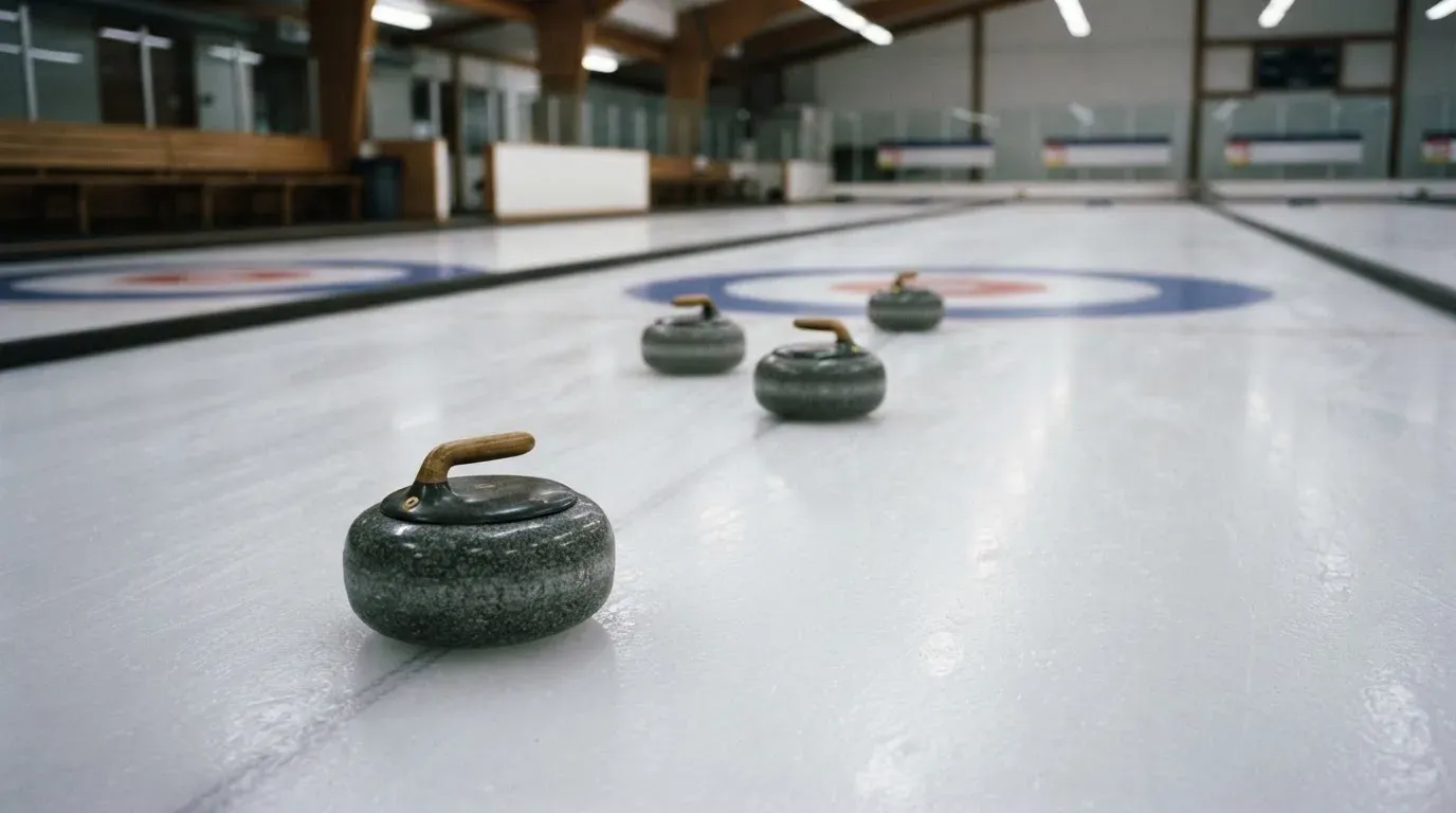 Mehrere Curlingsteine liegen auf einer glatten Eisfläche in einer leeren Halle, Deckenlicht spiegelt sich im Eis.