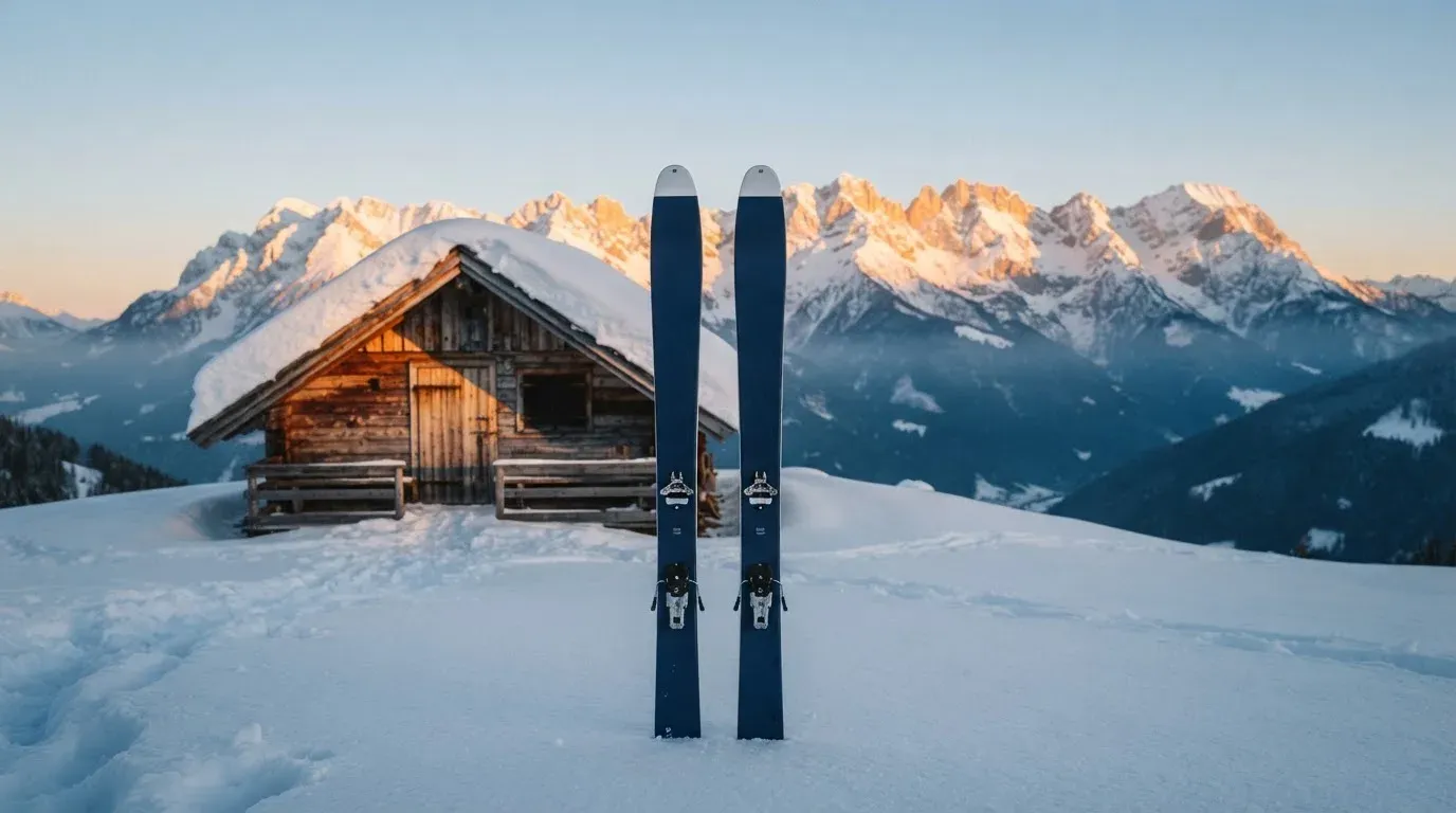 Ein Paar Ski steckt aufrecht im Schnee vor einer Berghütte, im Hintergrund färbt der Sonnenaufgang die Gipfel.