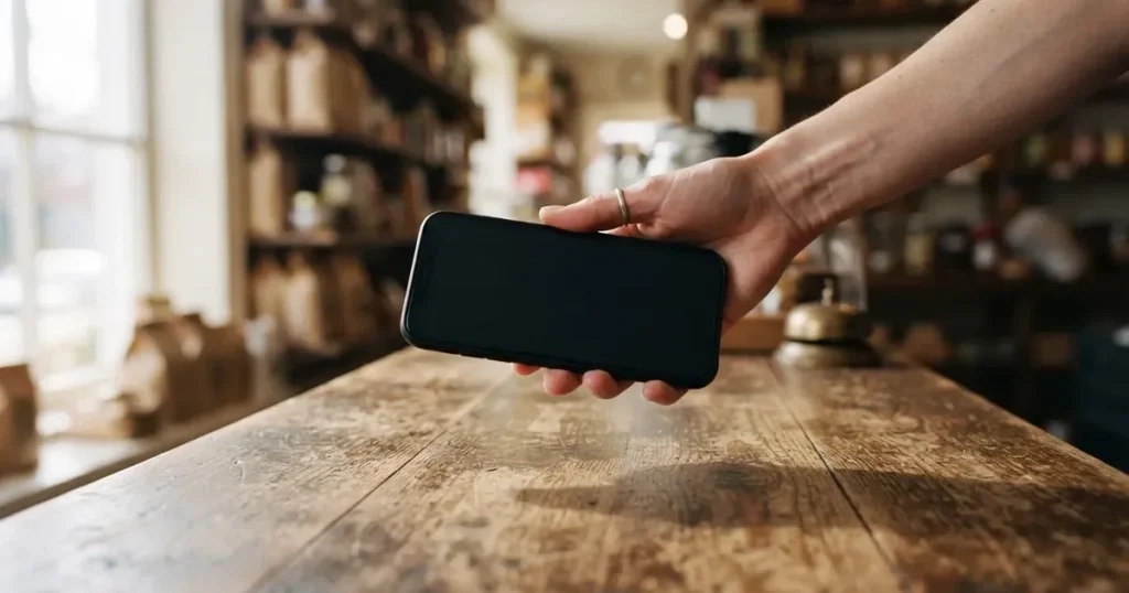 Eine Hand hält ein Smartphone mit dunklem Display knapp über eine hölzerne Ladentheke in einem kleinen Geschäft.