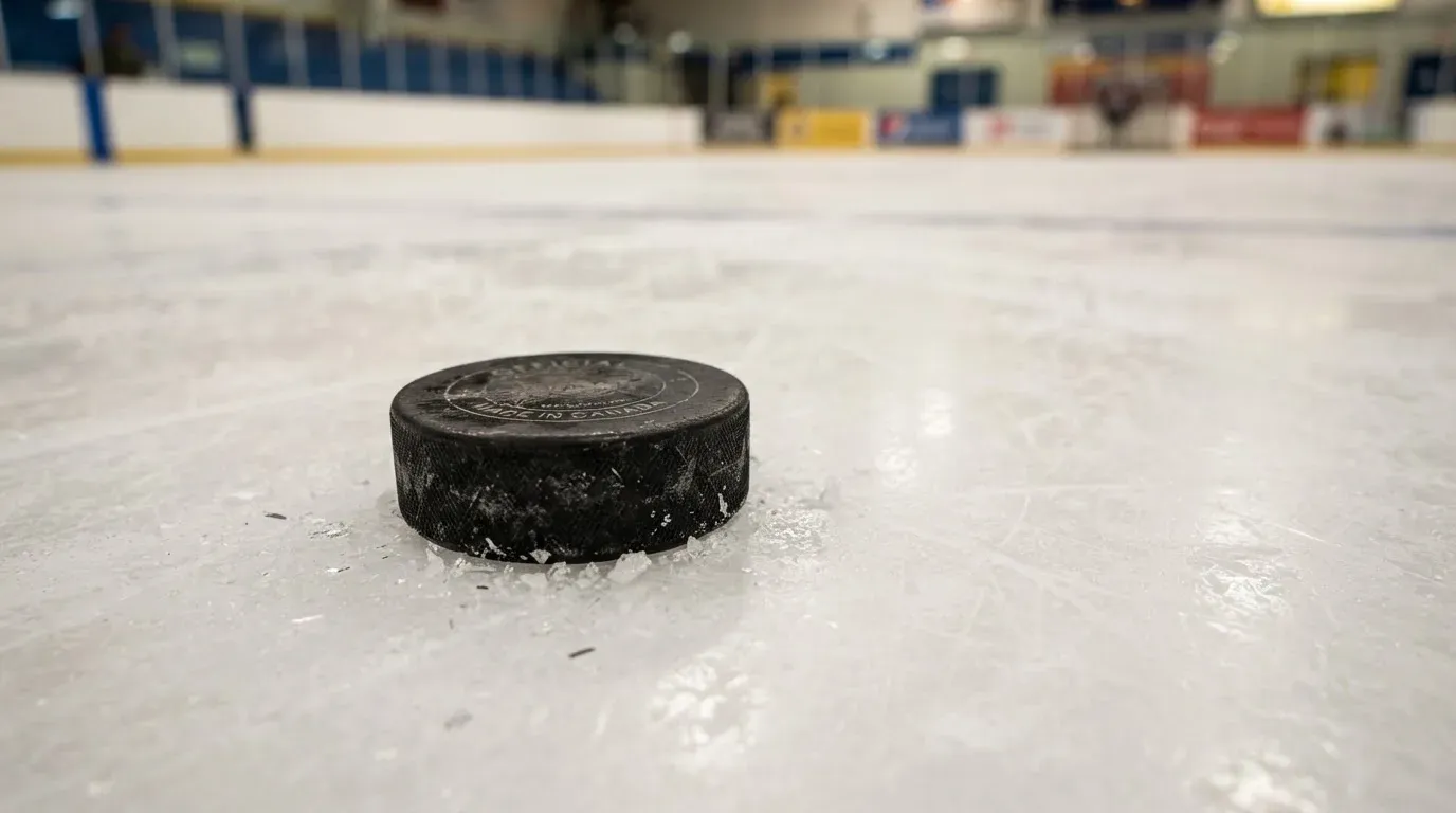 Ein Eishockeypuck liegt in Grossaufnahme auf der Eisfläche, feine Kratzer im Eis glänzen im hellen Hallenlicht.