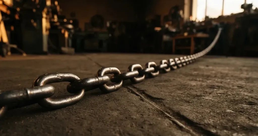 Eine schwere Kette aus Stahlgliedern liegt gespannt auf dunklem Beton, das Licht betont jedes einzelne Glied.