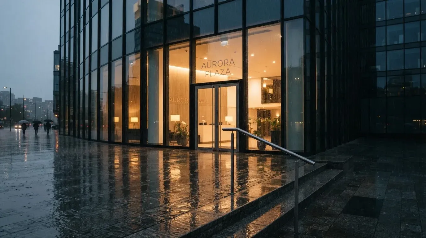 Eine Fassade aus Glas und Stahl am Eingang eines Bürogebäudes im Regen, auf dem nassen Boden spiegelt sich das Licht.