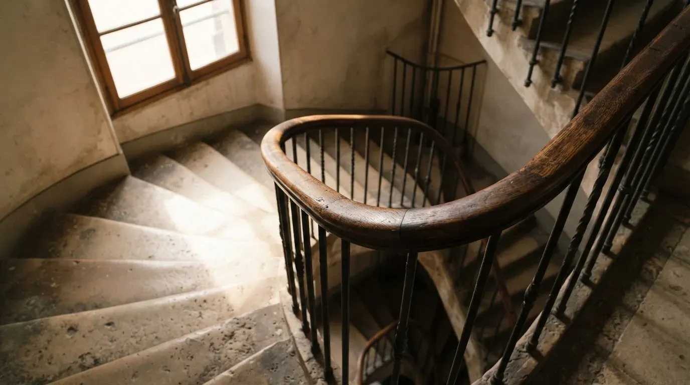 Ein Holzgeländer an einer Treppe in einem Altbau, durch ein Fenster fällt Licht auf die abgetretenen Stufen.