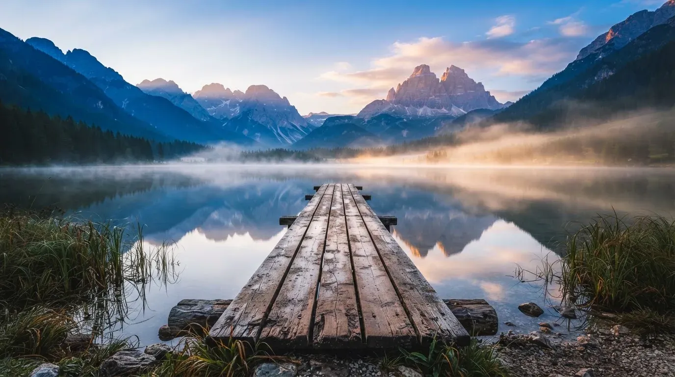 Ein Holzsteg führt über einen stillen Bergsee in den Alpen, über dem Wasser hängen bei Sonnenaufgang einzelne Nebelschwaden.