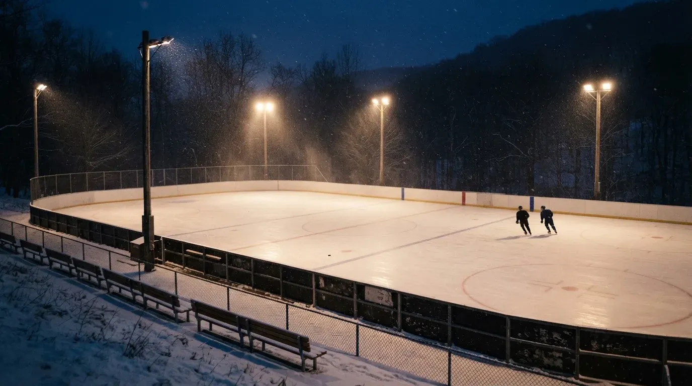 Eine Eishockeybahn liegt unter Flutlicht aus der Ferne betrachtet, leichter Schneefall treibt durch den Lichtkegel über dem Eis.