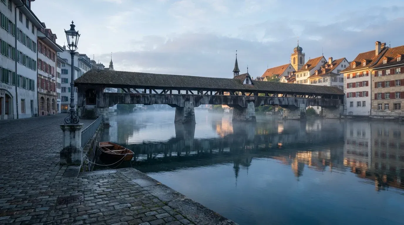 Eine steinerne Bogenbrücke überspannt am frühen Morgen einen Fluss in einer Altstadt, auf dem Wasser liegt dünner Nebel.