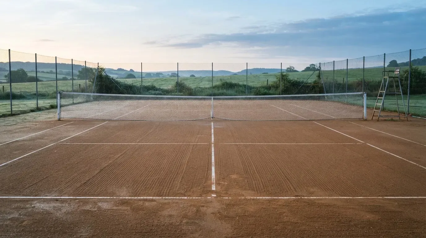 Ein Sandplatz für Tennis liegt bei Morgengrauen leer da, Tau glänzt auf dem Netz, hinter dem Zaun steigen Wiesen an.