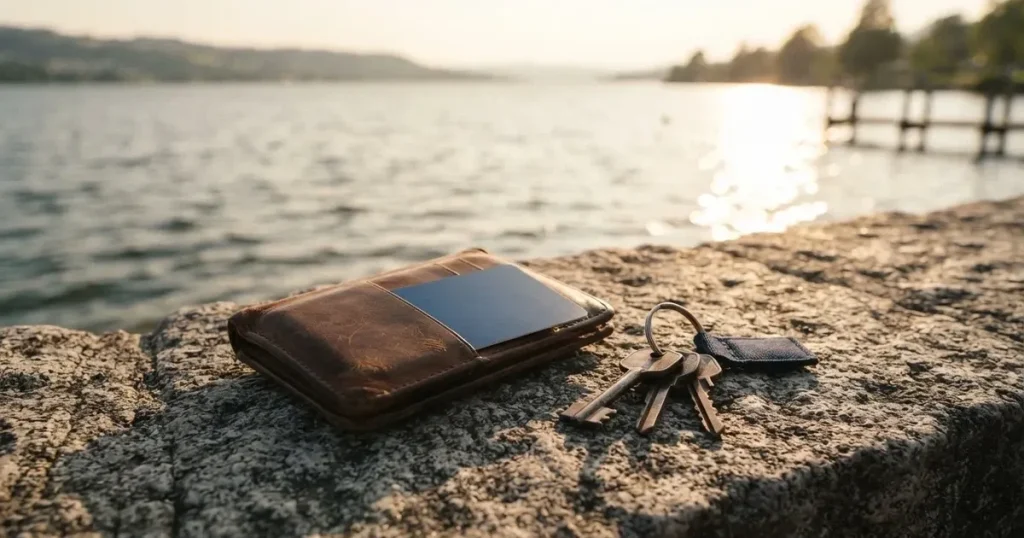 Eine Lederbörse und ein Schlüsselbund liegen auf der Steinbrüstung einer Seepromenade, dahinter glitzert der See im späten Nachmittagslicht.