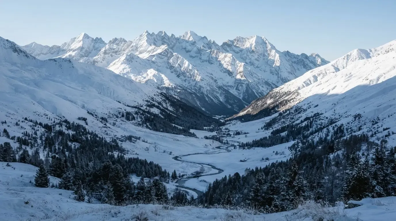 Eine verschneite Bergkette erhebt sich über einem stillen Tal, der Himmel darüber ist klar und von blassem Blau.